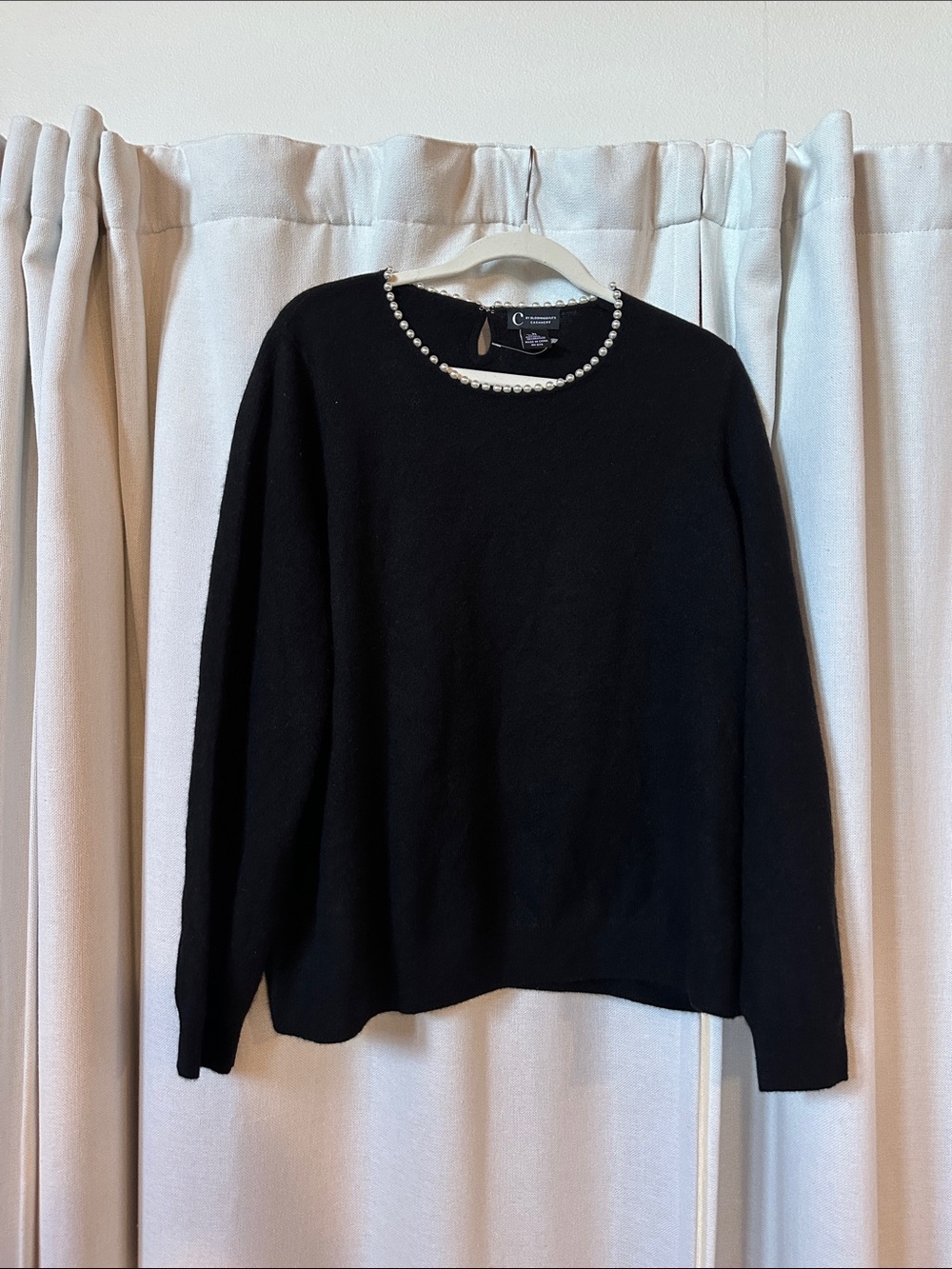 C by Bloomingdale's Cashmere Long Sleeve Pearl Neckline in Black XL